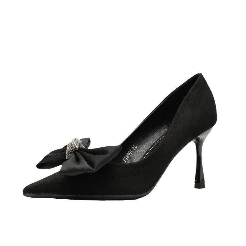 Black Suede Bowknot Pointy Stiletto Heels 746813568399 - COCOMELODY